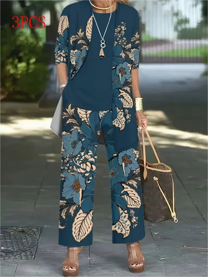 Floral Embroidered 3 Piece Linen Co-ord Set for Women — Jacket Vest and Wide Leg Pants