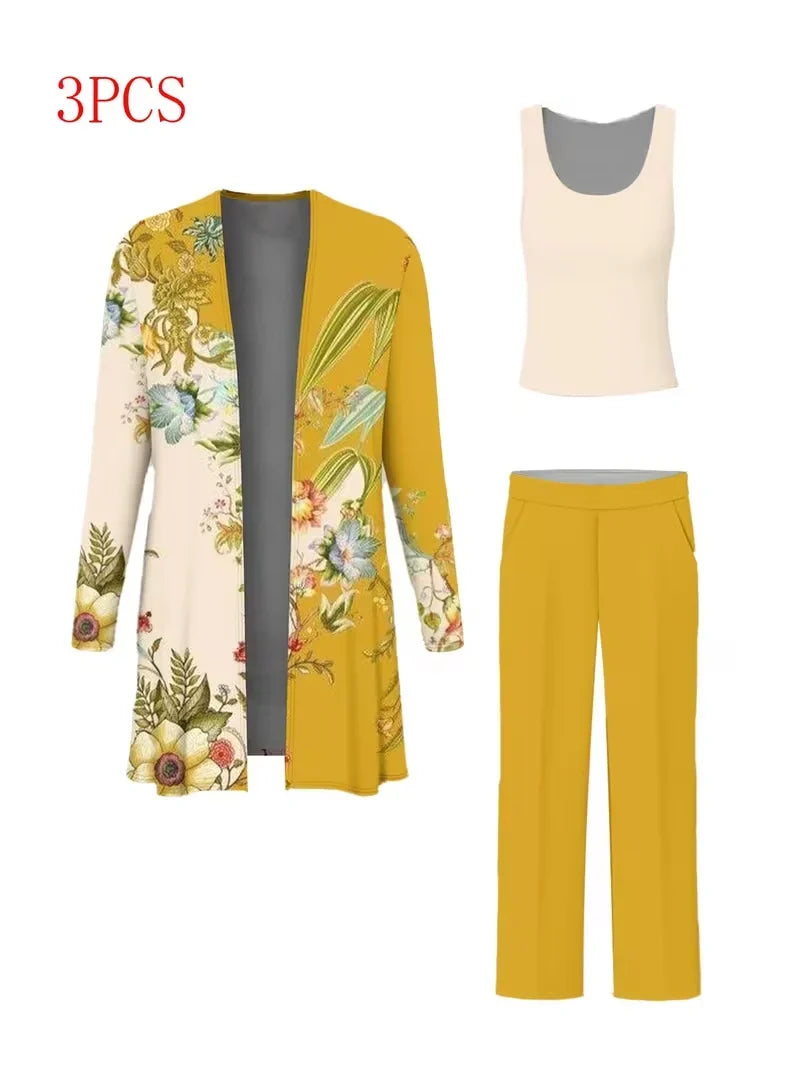 Floral Embroidered 3 Piece Linen Co-ord Set for Women — Jacket Vest and Wide Leg Pants