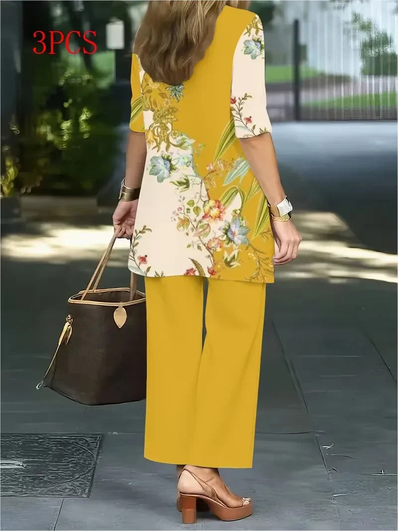Floral Embroidered 3 Piece Linen Co-ord Set for Women — Jacket Vest and Wide Leg Pants