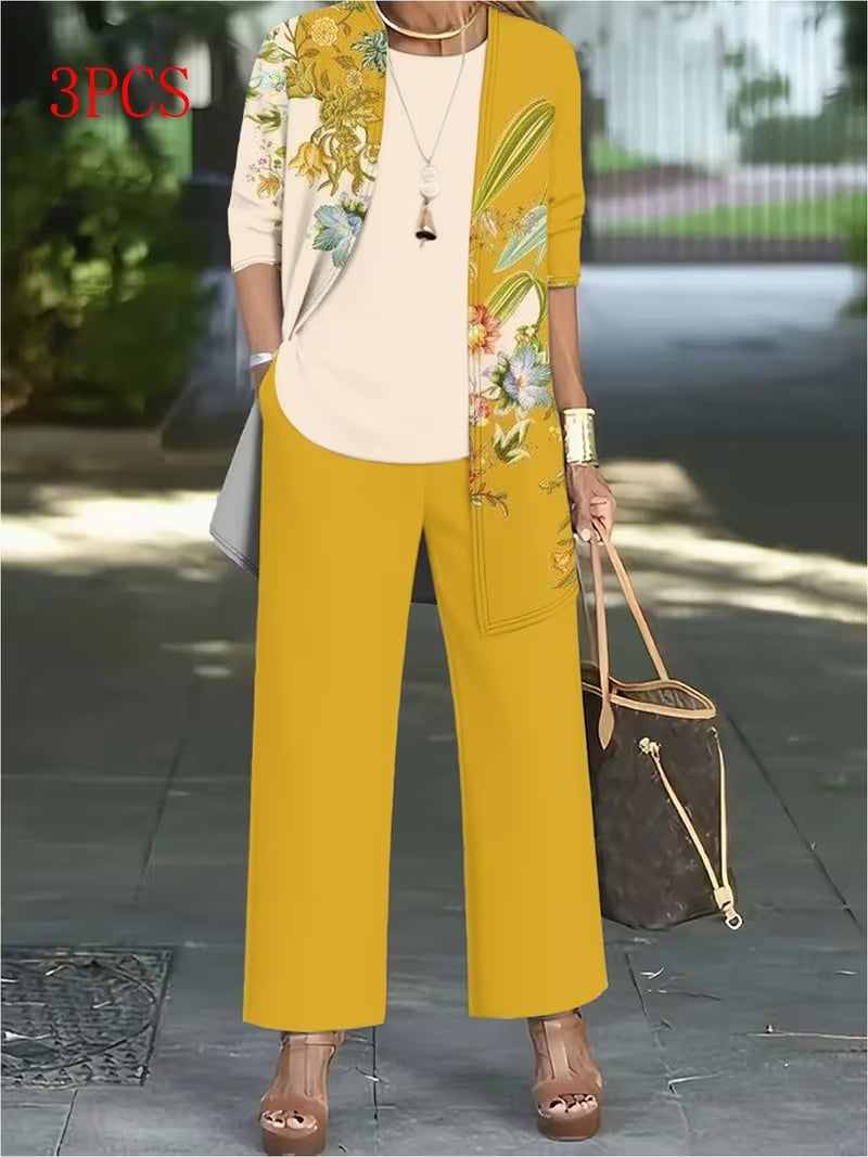 Floral Embroidered 3 Piece Linen Co-ord Set for Women — Jacket Vest and Wide Leg Pants