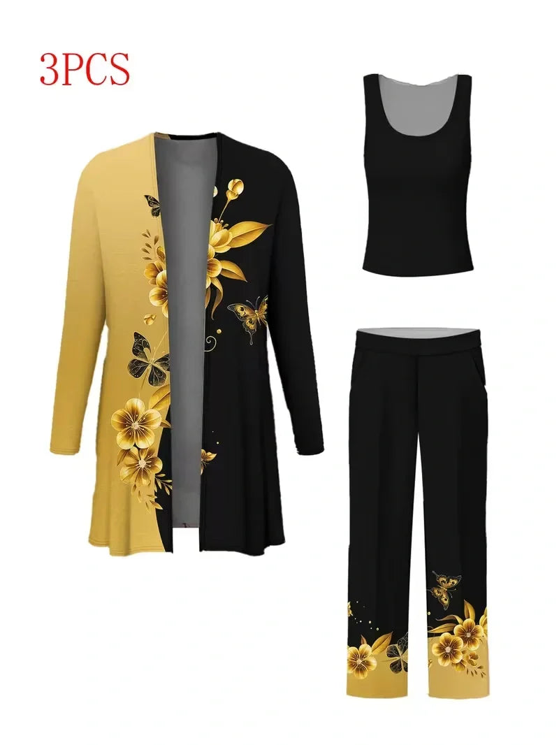 Floral Embroidered 3 Piece Linen Co-ord Set for Women — Jacket Vest and Wide Leg Pants