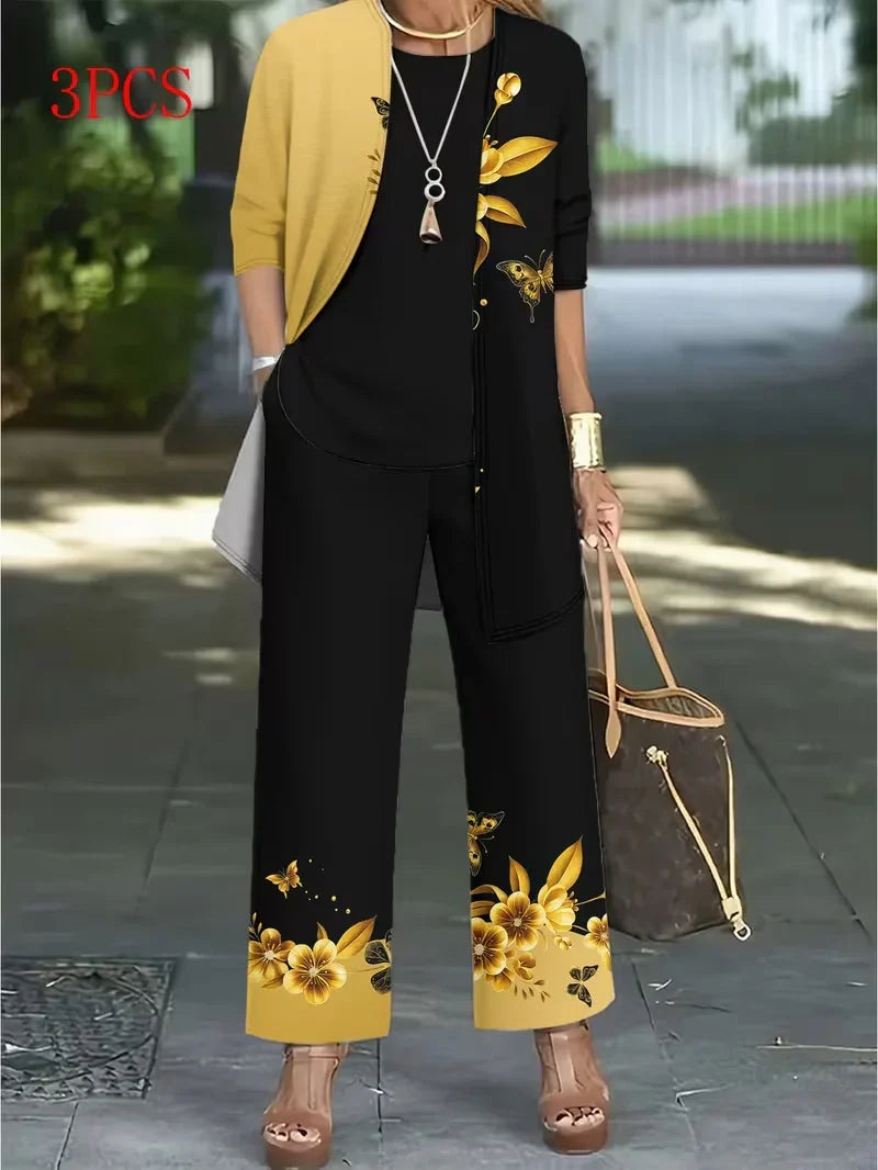 Floral Embroidered 3 Piece Linen Co-ord Set for Women — Jacket Vest and Wide Leg Pants
