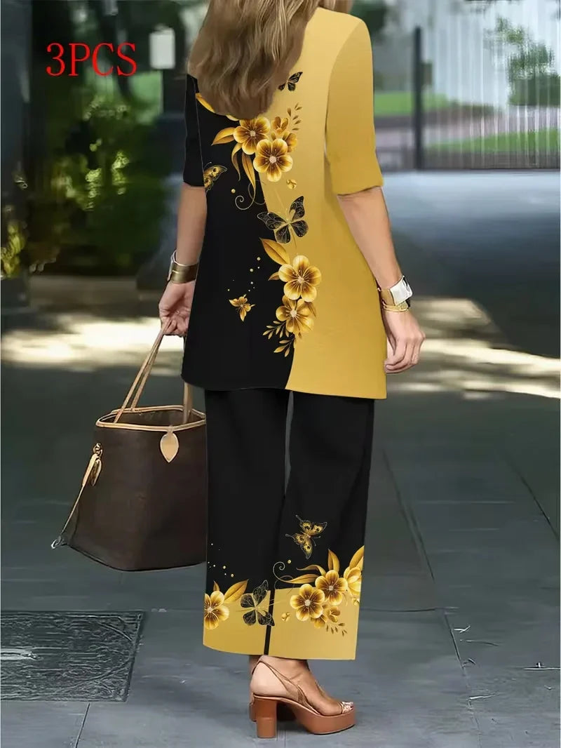 Floral Embroidered 3 Piece Linen Co-ord Set for Women — Jacket Vest and Wide Leg Pants