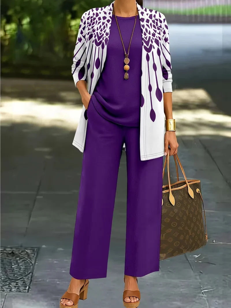 Floral Embroidered 3 Piece Linen Co-ord Set for Women — Jacket Vest and Wide Leg Pants