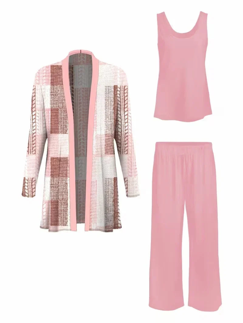 Floral Embroidered 3 Piece Linen Co-ord Set for Women — Jacket Vest and Wide Leg Pants