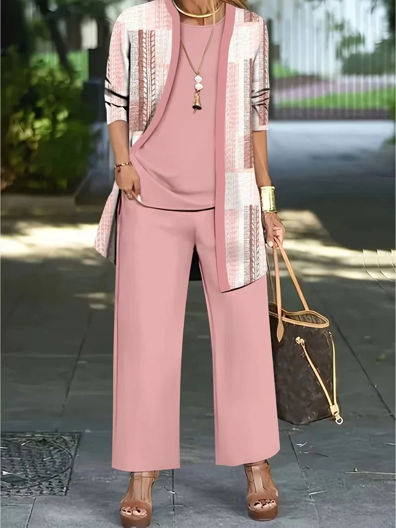 Floral Embroidered 3 Piece Linen Co-ord Set for Women — Jacket Vest and Wide Leg Pants
