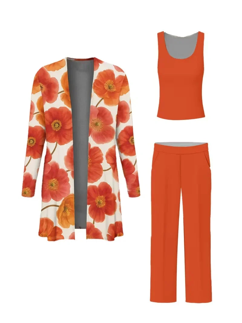 Floral Embroidered 3 Piece Linen Co-ord Set for Women — Jacket Vest and Wide Leg Pants