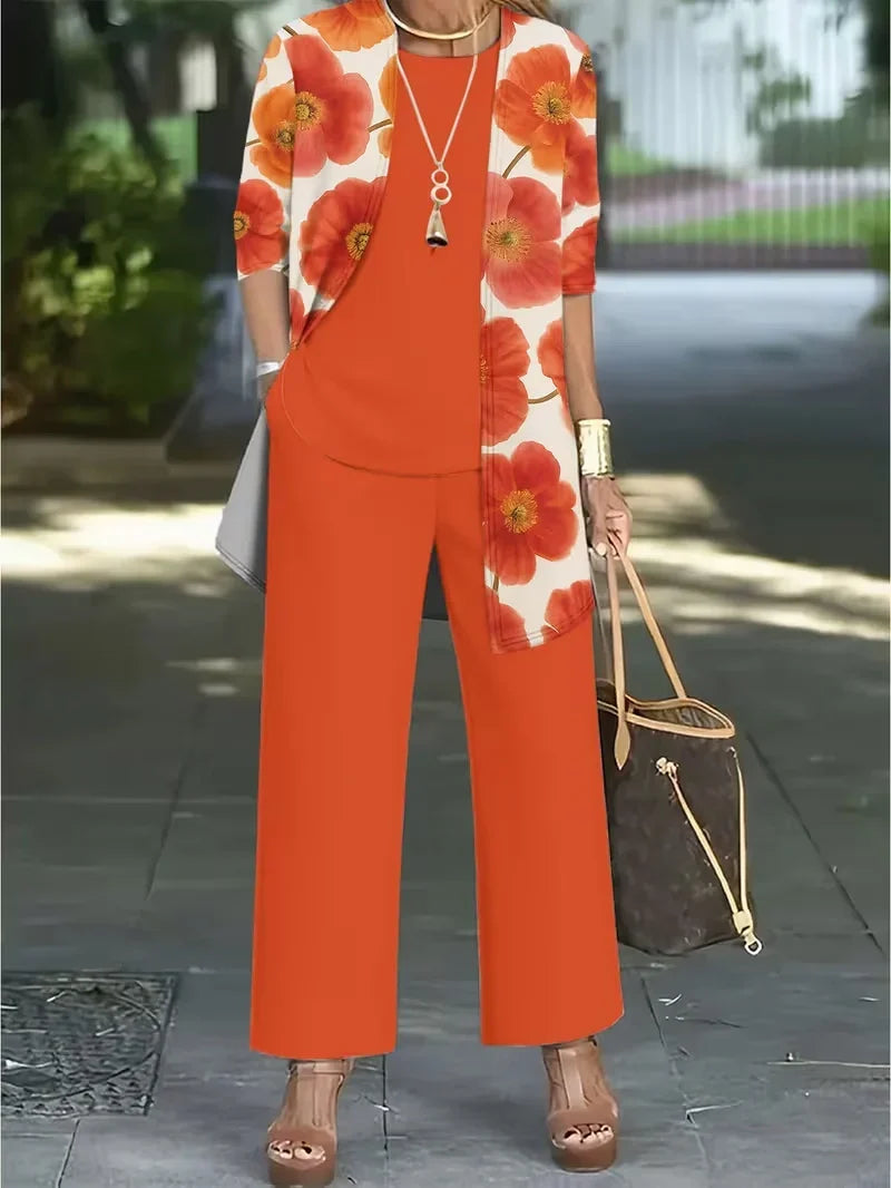 Floral Embroidered 3 Piece Linen Co-ord Set for Women — Jacket Vest and Wide Leg Pants