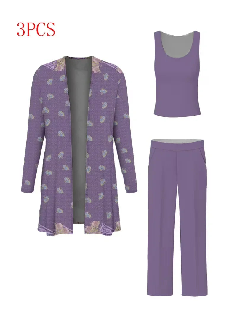 Floral Embroidered 3 Piece Linen Co-ord Set for Women — Jacket Vest and Wide Leg Pants
