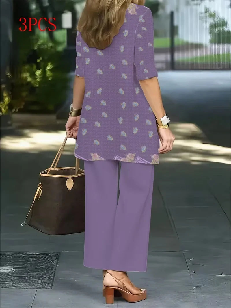Floral Embroidered 3 Piece Linen Co-ord Set for Women — Jacket Vest and Wide Leg Pants