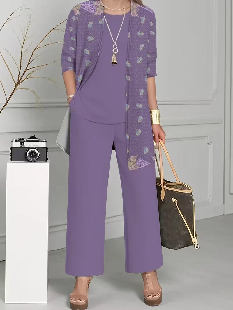 Floral Embroidered 3 Piece Linen Co-ord Set for Women — Jacket Vest and Wide Leg Pants