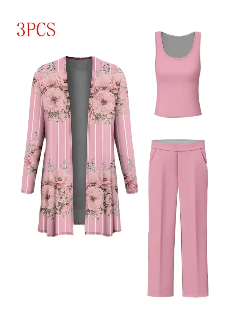 Floral Embroidered 3 Piece Linen Co-ord Set for Women — Jacket Vest and Wide Leg Pants