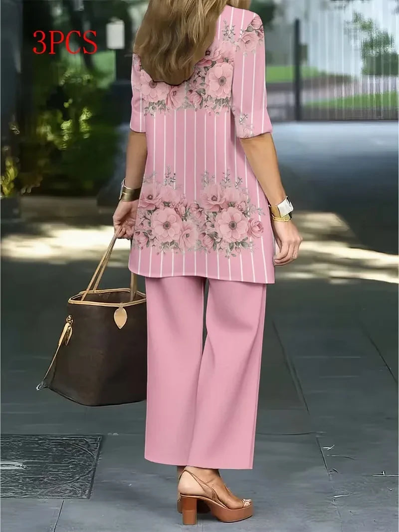 Floral Embroidered 3 Piece Linen Co-ord Set for Women — Jacket Vest and Wide Leg Pants