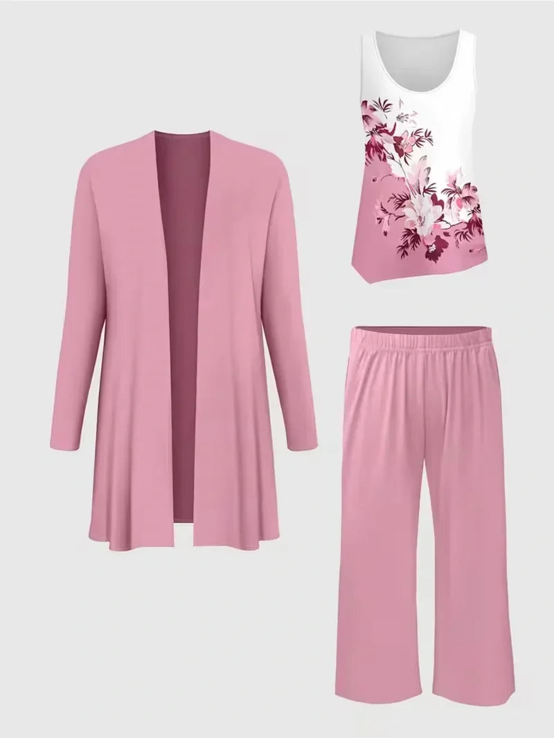 Floral Embroidered 3 Piece Linen Co-ord Set for Women — Jacket Vest and Wide Leg Pants