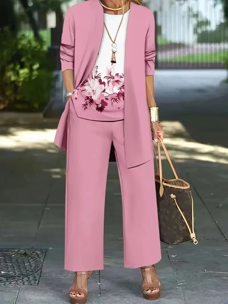 Floral Embroidered 3 Piece Linen Co-ord Set for Women — Jacket Vest and Wide Leg Pants