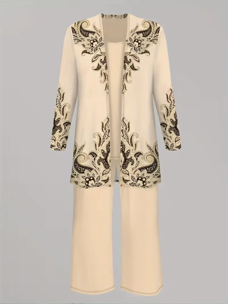 Floral Embroidered 3 Piece Linen Co-ord Set for Women — Jacket Vest and Wide Leg Pants