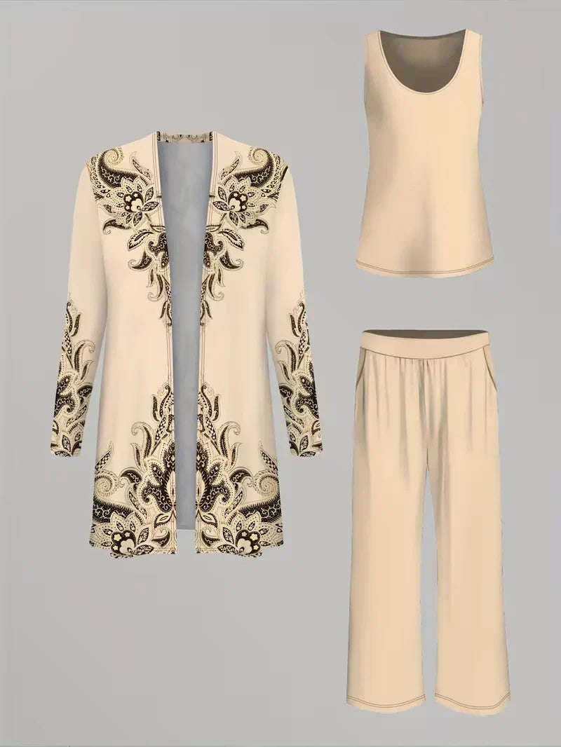 Floral Embroidered 3 Piece Linen Co-ord Set for Women — Jacket Vest and Wide Leg Pants