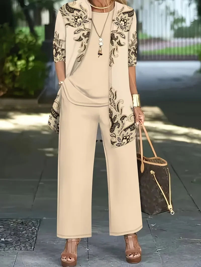 Floral Embroidered 3 Piece Linen Co-ord Set for Women — Jacket Vest and Wide Leg Pants