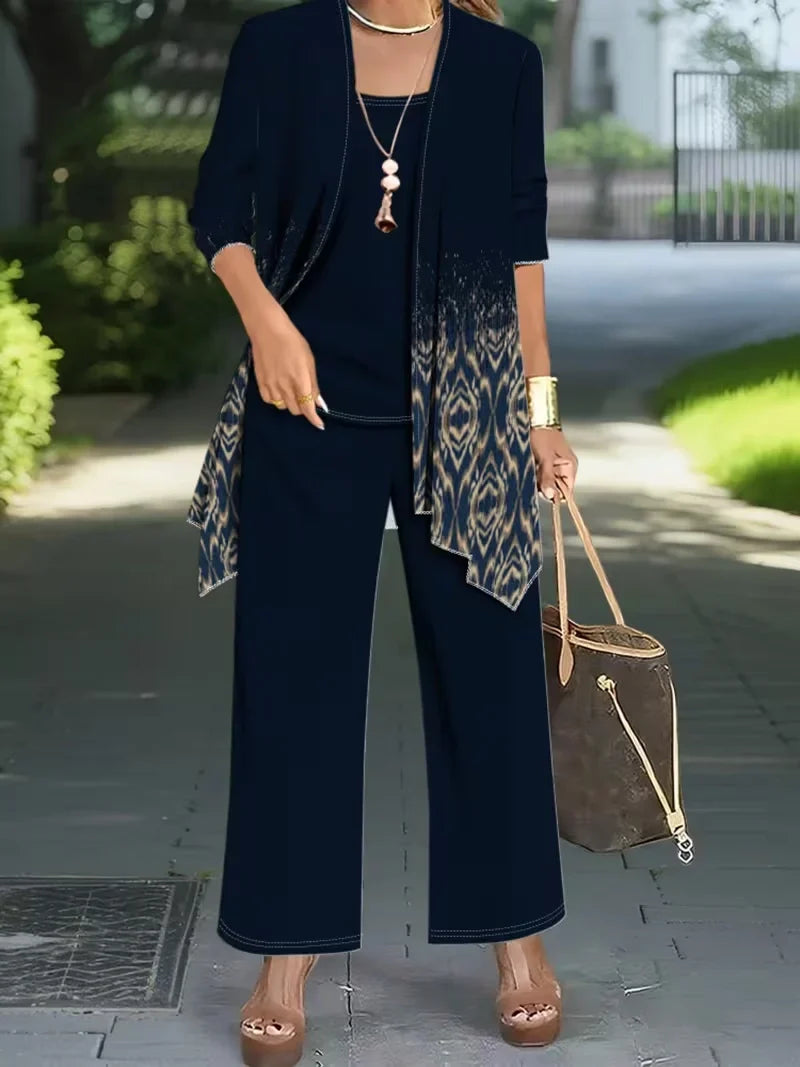 Floral Embroidered 3 Piece Linen Co-ord Set for Women — Jacket Vest and Wide Leg Pants