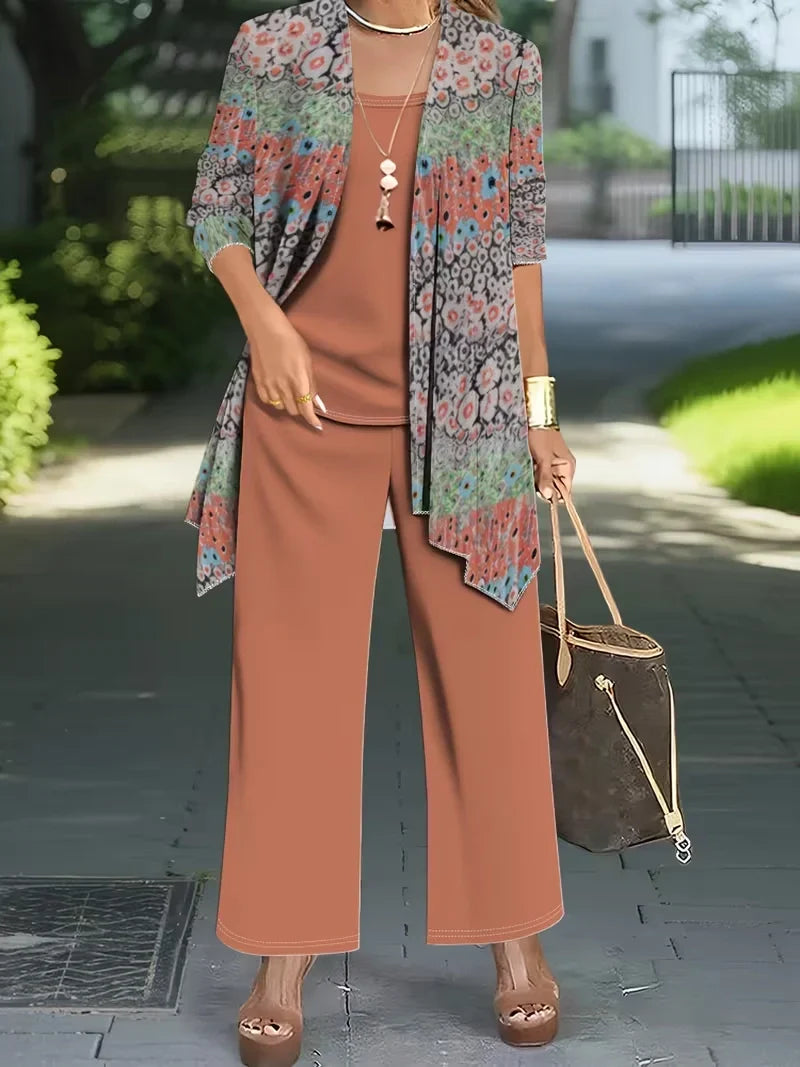 Floral Embroidered 3 Piece Linen Co-ord Set for Women — Jacket Vest and Wide Leg Pants