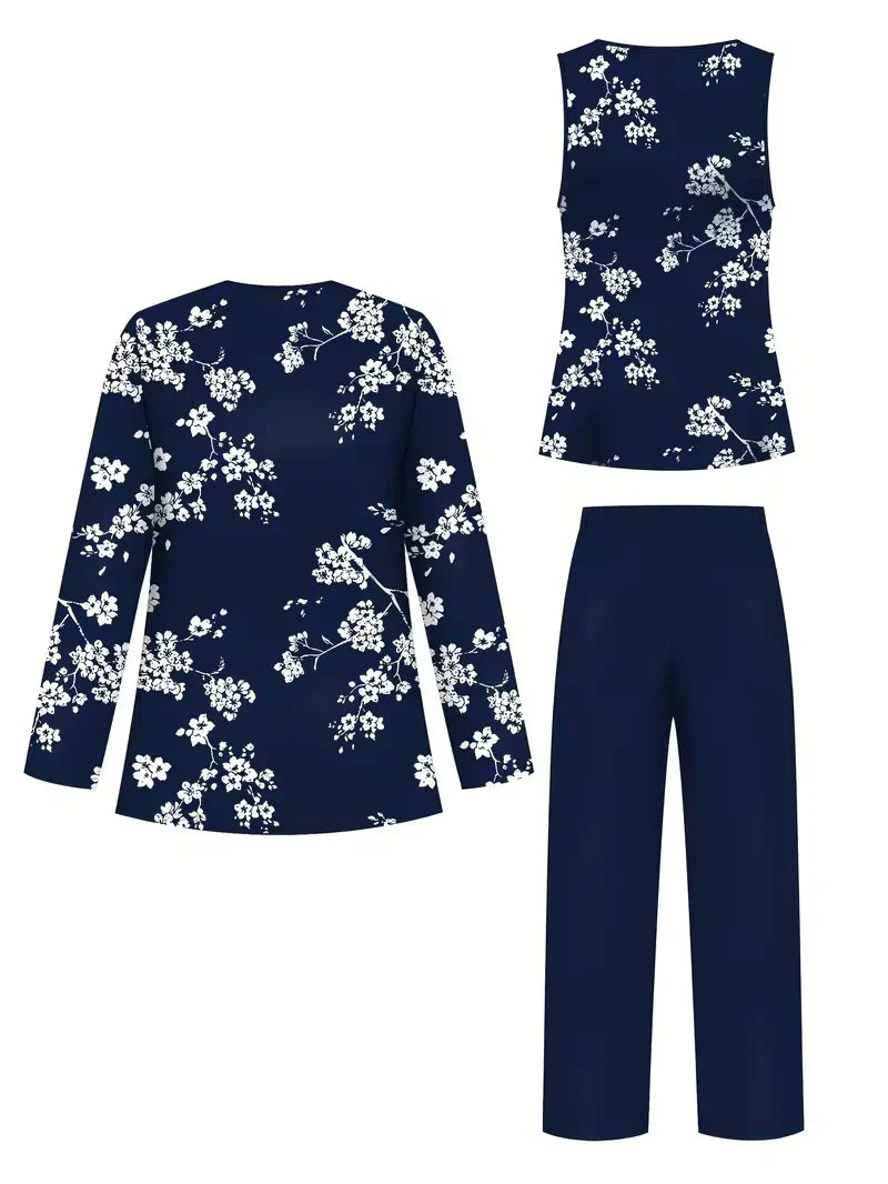Floral Embroidered 3 Piece Linen Co-ord Set for Women — Jacket Vest and Wide Leg Pants
