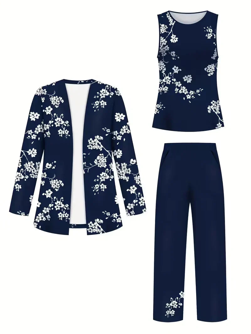 Floral Embroidered 3 Piece Linen Co-ord Set for Women — Jacket Vest and Wide Leg Pants