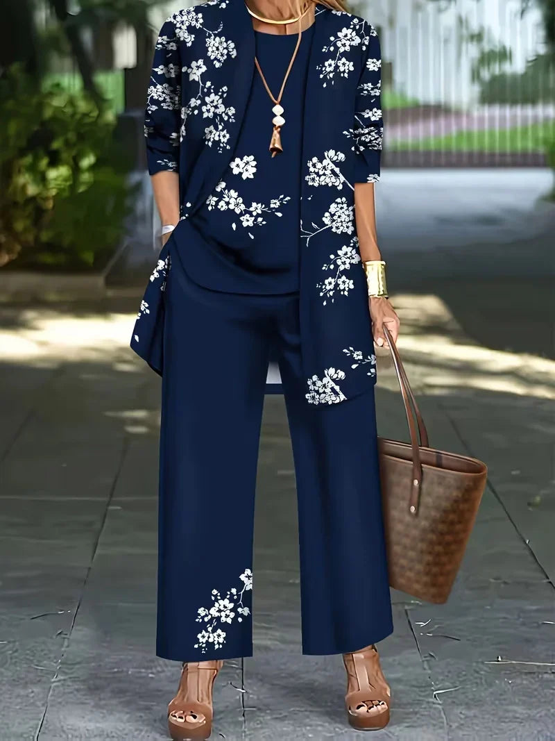 Floral Embroidered 3 Piece Linen Co-ord Set for Women — Jacket Vest and Wide Leg Pants