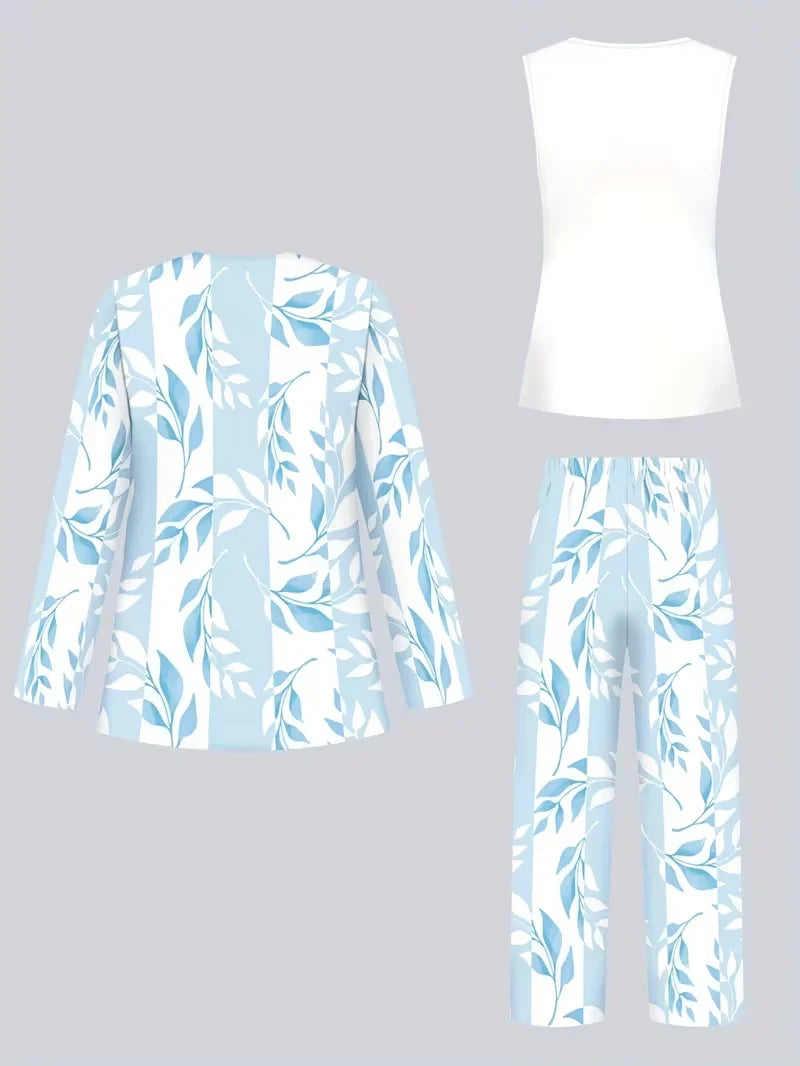 Floral Embroidered 3 Piece Linen Co-ord Set for Women — Jacket Vest and Wide Leg Pants