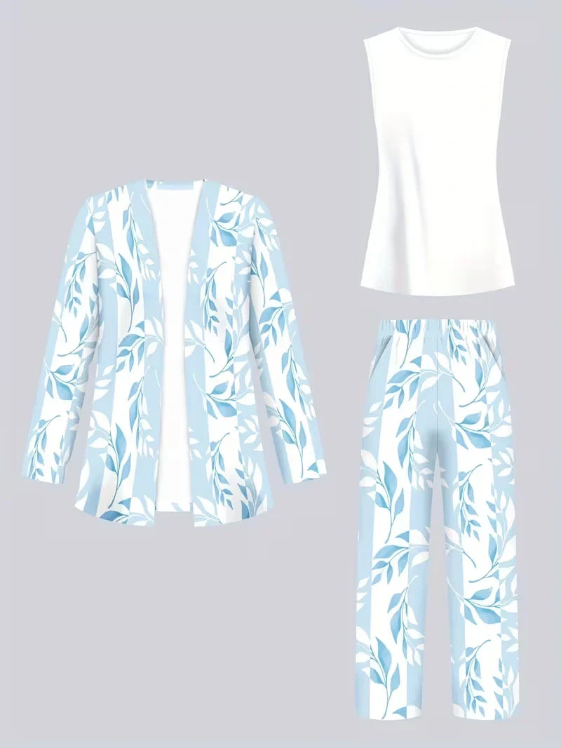 Floral Embroidered 3 Piece Linen Co-ord Set for Women — Jacket Vest and Wide Leg Pants