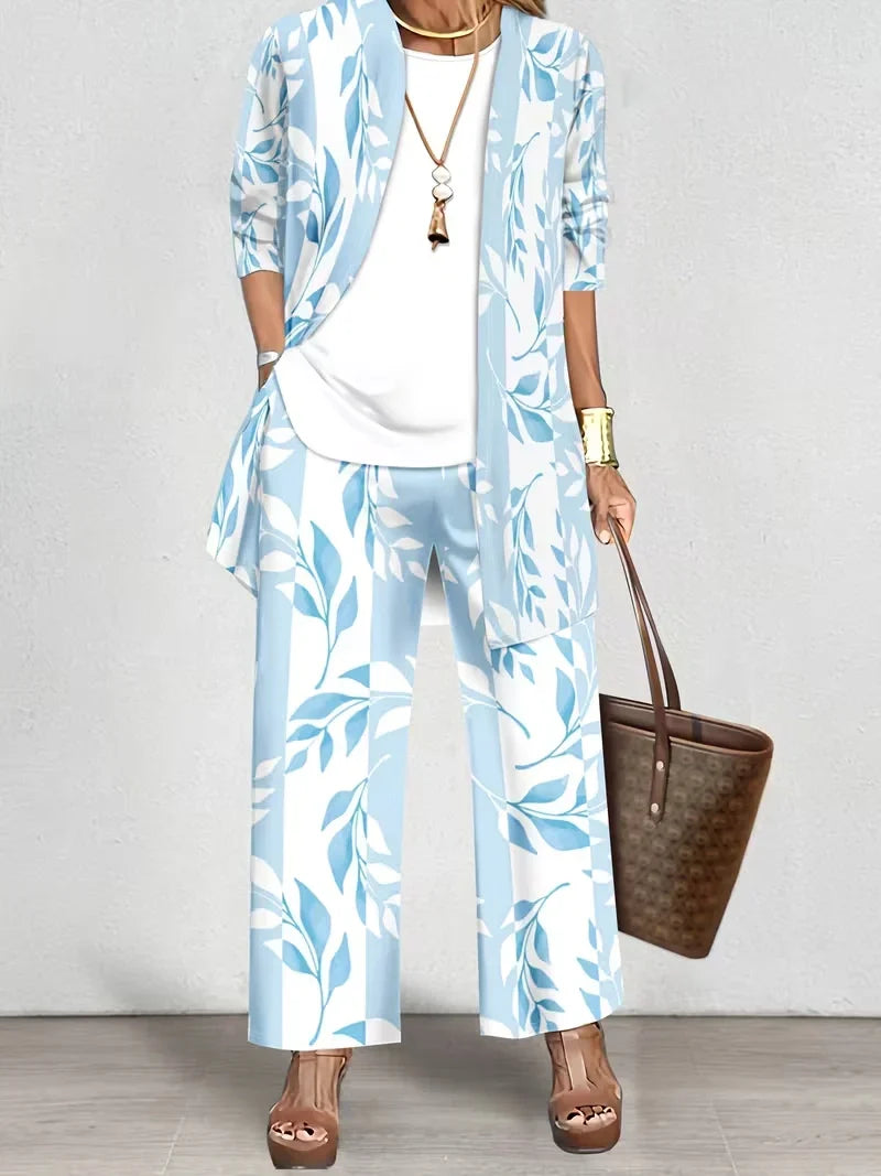 Floral Embroidered 3 Piece Linen Co-ord Set for Women — Jacket Vest and Wide Leg Pants
