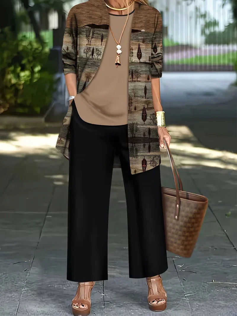 Floral Embroidered 3 Piece Linen Co-ord Set for Women — Jacket Vest and Wide Leg Pants