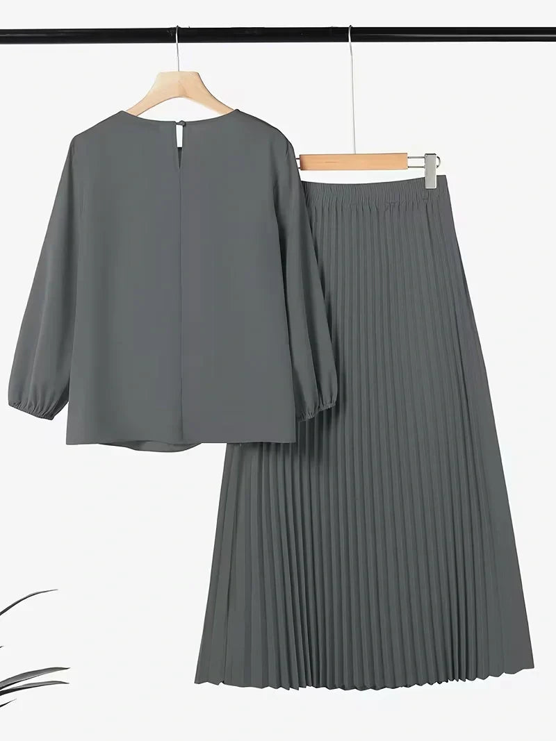 Effortless Everyday Elegance — Ruffle Blouse and Pleated Skirt Coord Set for Women