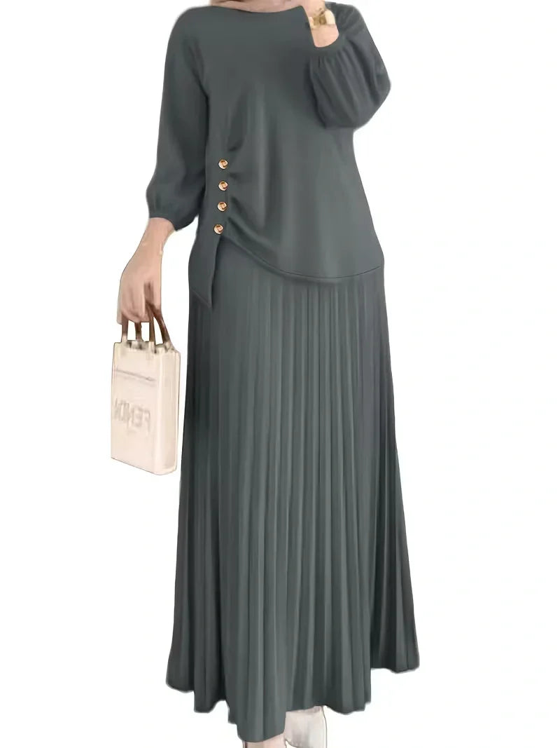 Effortless Everyday Elegance — Ruffle Blouse and Pleated Skirt Coord Set for Women