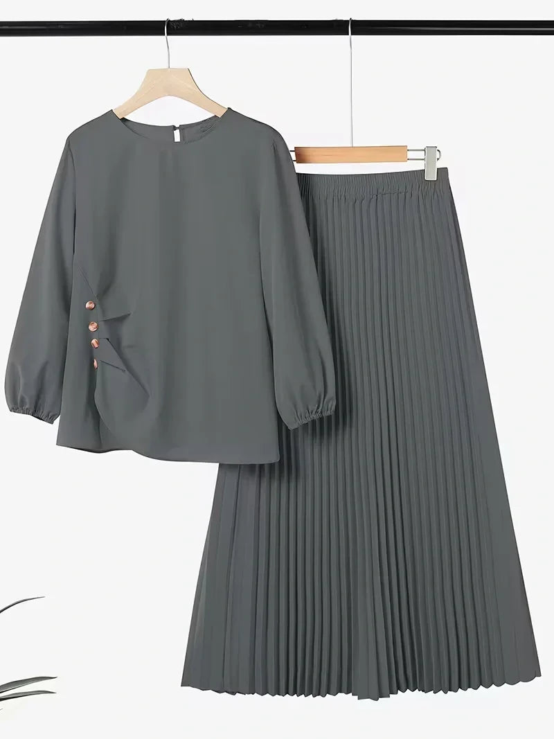Effortless Everyday Elegance — Ruffle Blouse and Pleated Skirt Coord Set for Women
