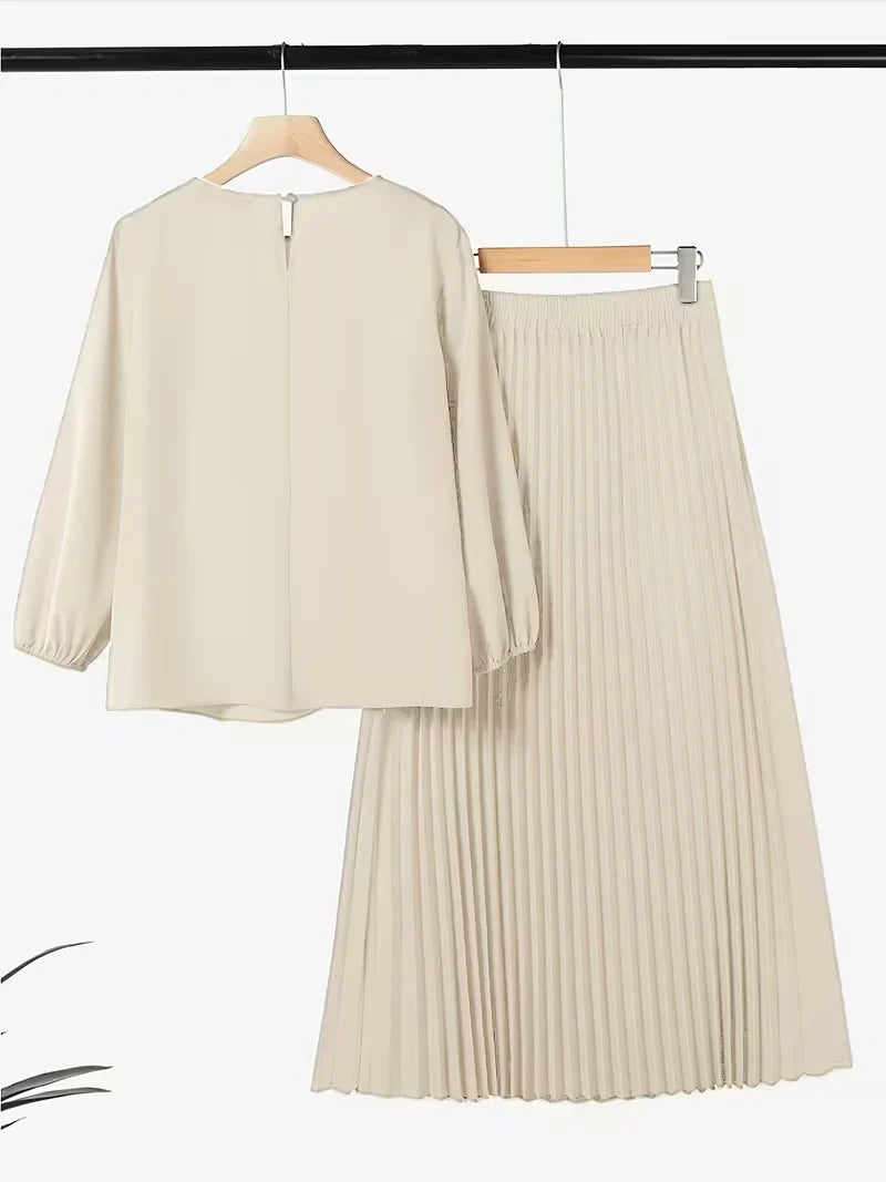 Effortless Everyday Elegance — Ruffle Blouse and Pleated Skirt Coord Set for Women