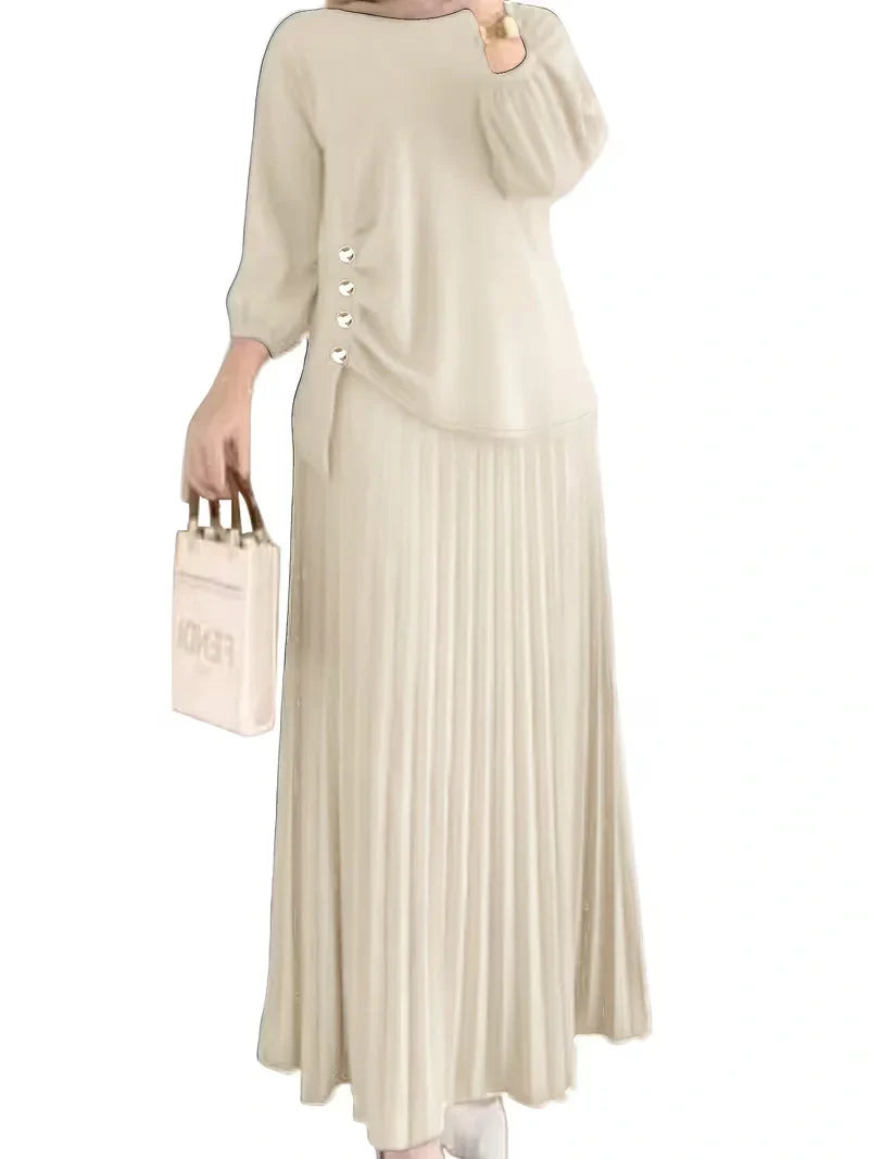 Effortless Everyday Elegance — Ruffle Blouse and Pleated Skirt Coord Set for Women