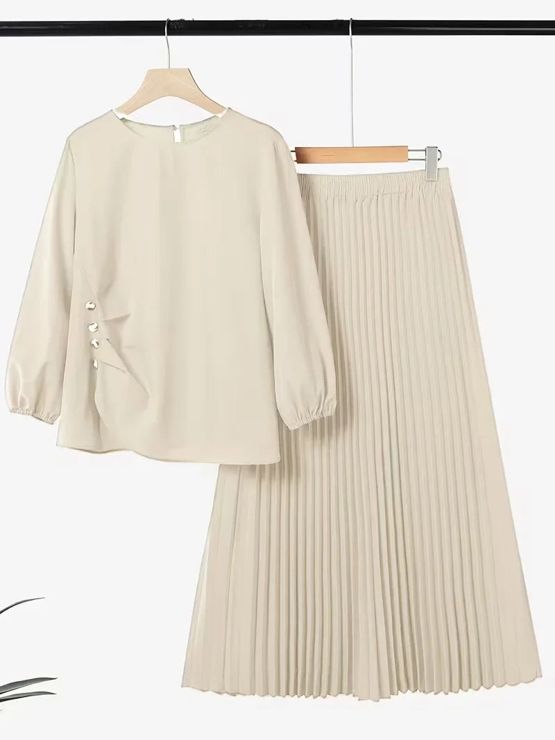 Effortless Everyday Elegance — Ruffle Blouse and Pleated Skirt Coord Set for Women