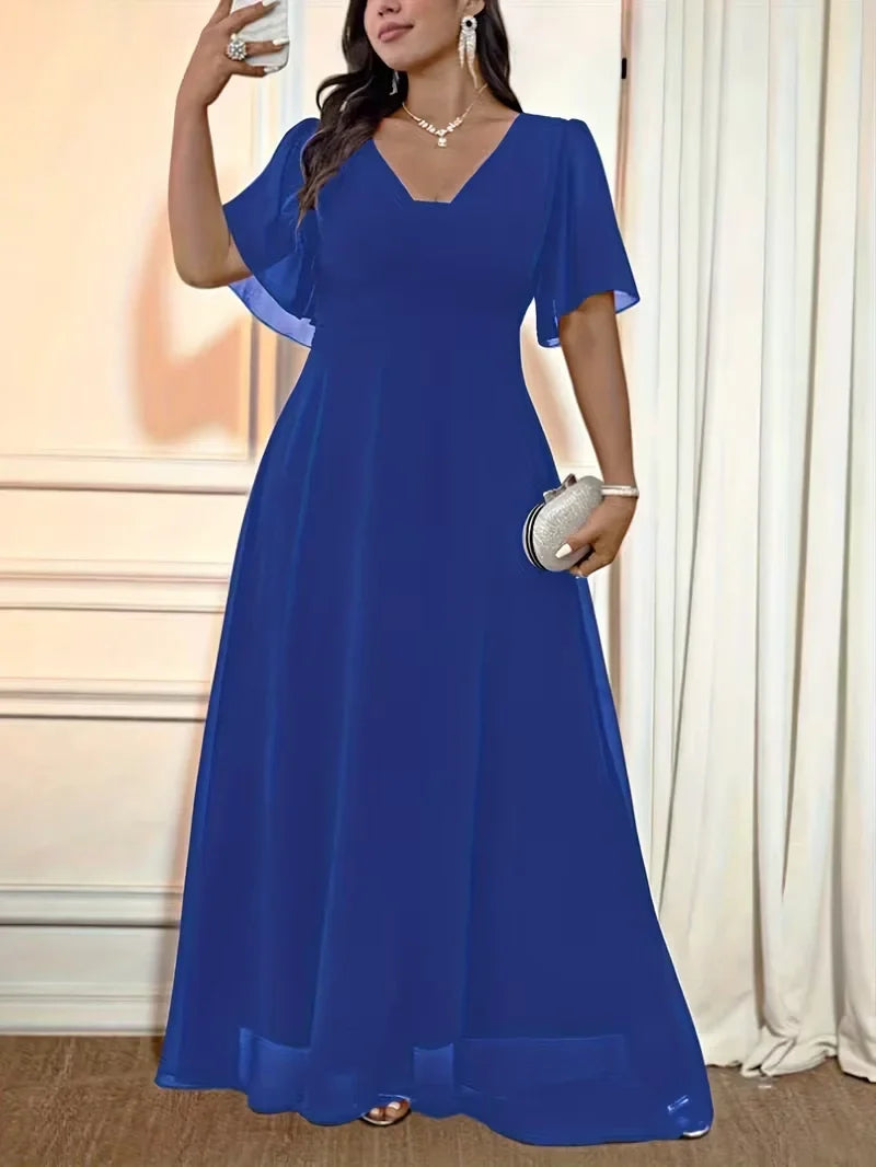 Flowy Flutter Sleeve Maxi Dress for Women — Elegant Plus Size Evening Gown