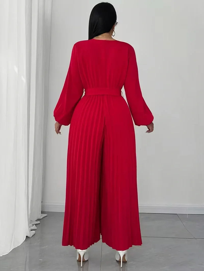 V Neck Belted Wide Leg Jumpsuit for Women — Plus Size Long Sleeve Pleated Palazzo Jumpsuit