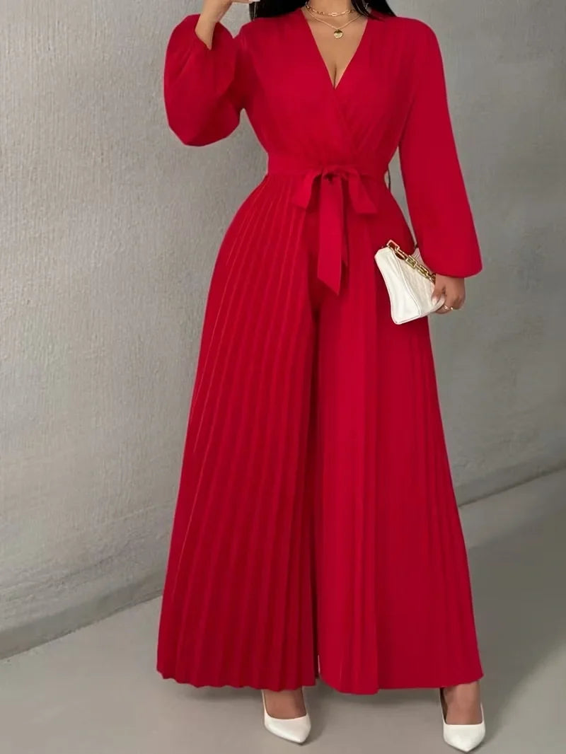 V Neck Belted Wide Leg Jumpsuit for Women — Plus Size Long Sleeve Pleated Palazzo Jumpsuit