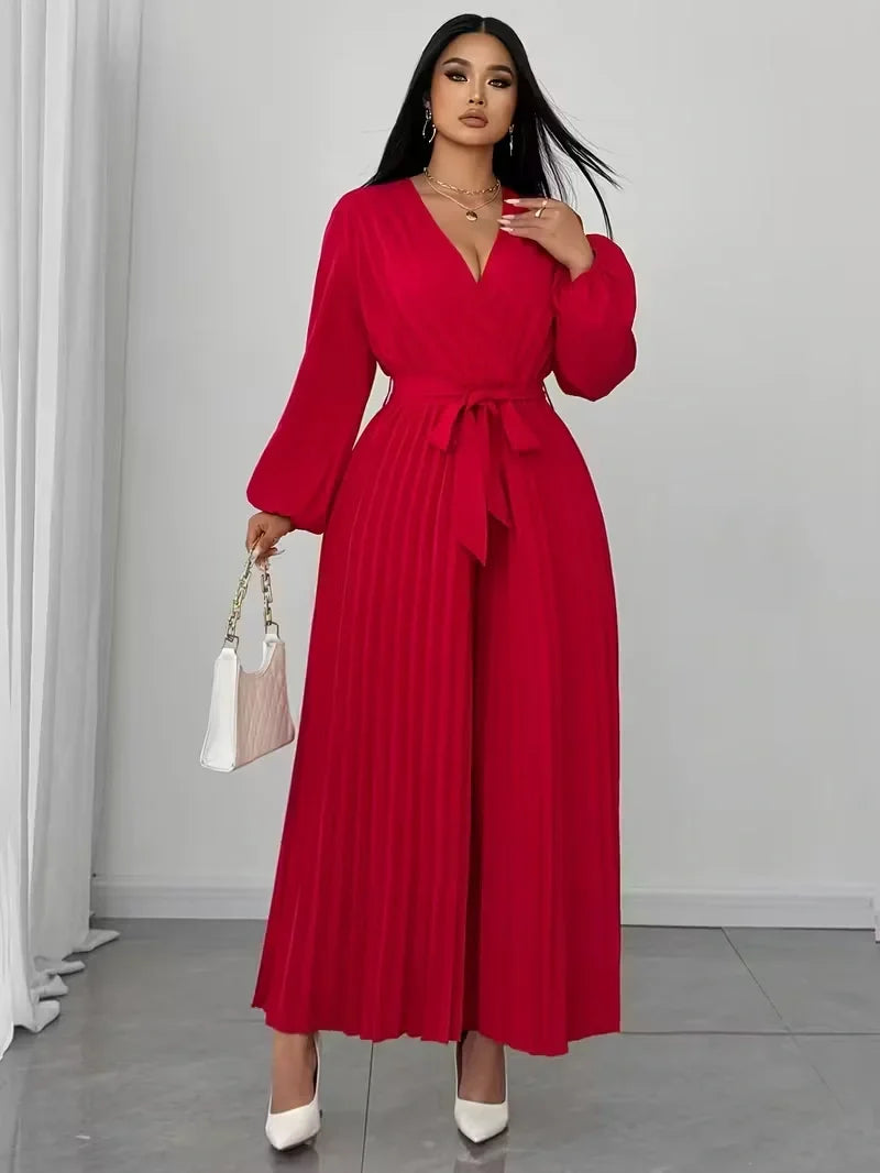 V Neck Belted Wide Leg Jumpsuit for Women — Plus Size Long Sleeve Pleated Palazzo Jumpsuit
