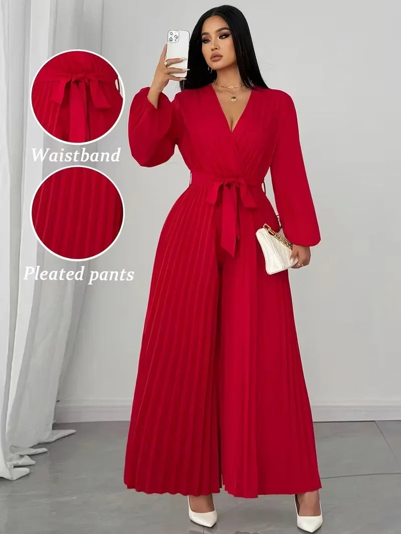 V Neck Belted Wide Leg Jumpsuit for Women — Plus Size Long Sleeve Pleated Palazzo Jumpsuit
