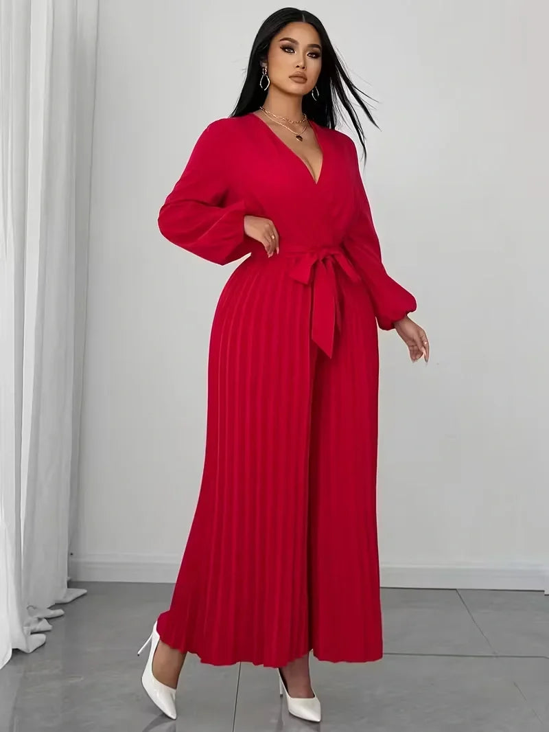 V Neck Belted Wide Leg Jumpsuit for Women — Plus Size Long Sleeve Pleated Palazzo Jumpsuit