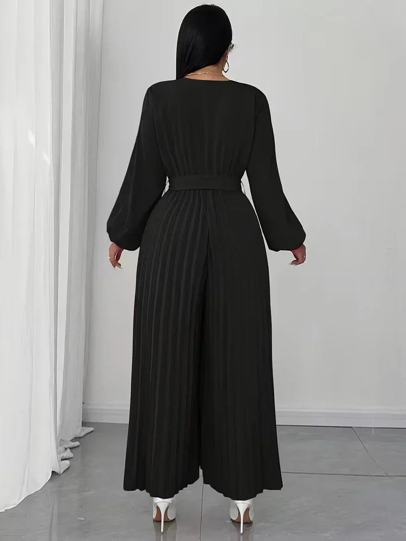 V Neck Belted Wide Leg Jumpsuit for Women — Plus Size Long Sleeve Pleated Palazzo Jumpsuit
