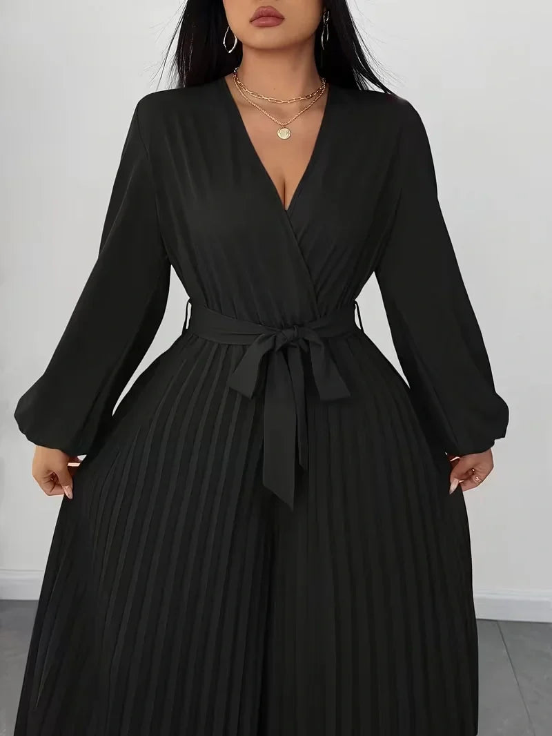 V Neck Belted Wide Leg Jumpsuit for Women — Plus Size Long Sleeve Pleated Palazzo Jumpsuit