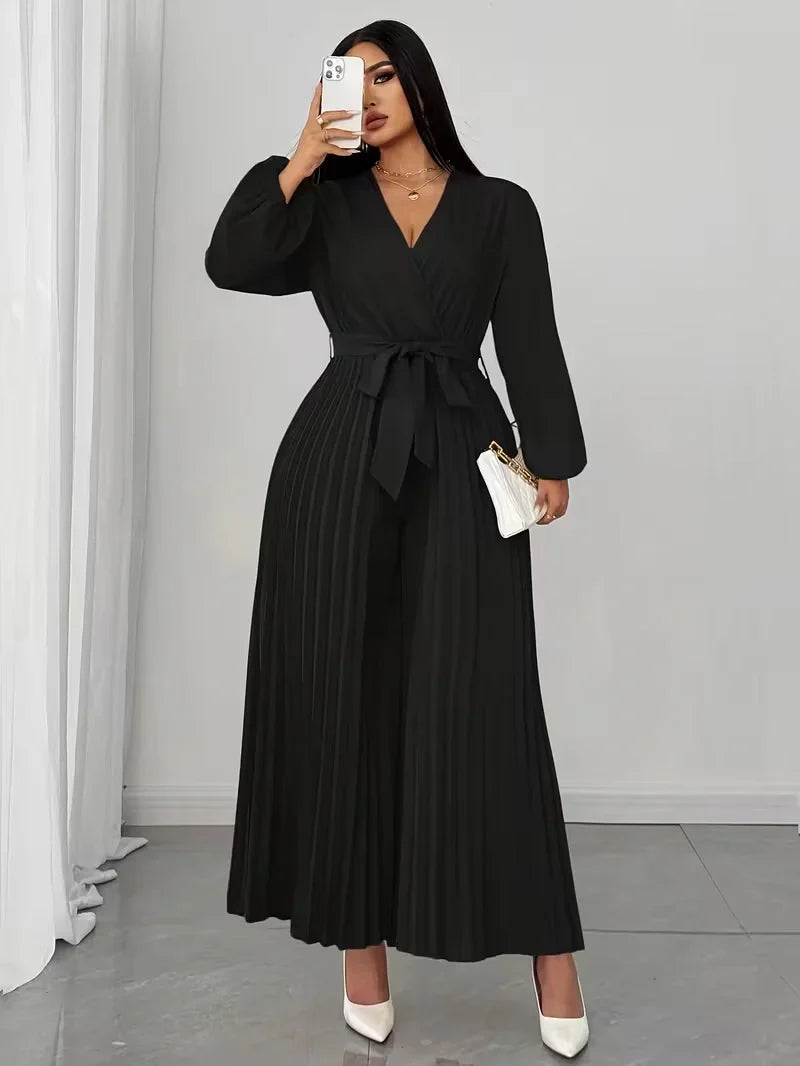 V Neck Belted Wide Leg Jumpsuit for Women — Plus Size Long Sleeve Pleated Palazzo Jumpsuit