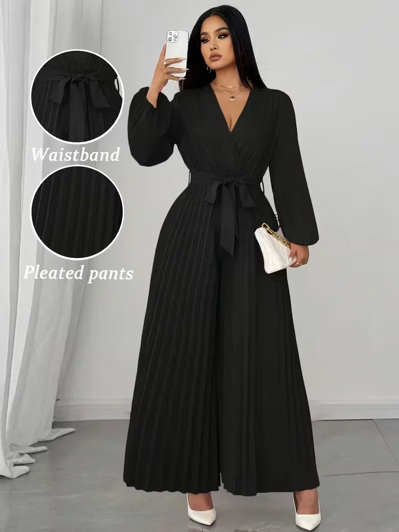 V Neck Belted Wide Leg Jumpsuit for Women — Plus Size Long Sleeve Pleated Palazzo Jumpsuit