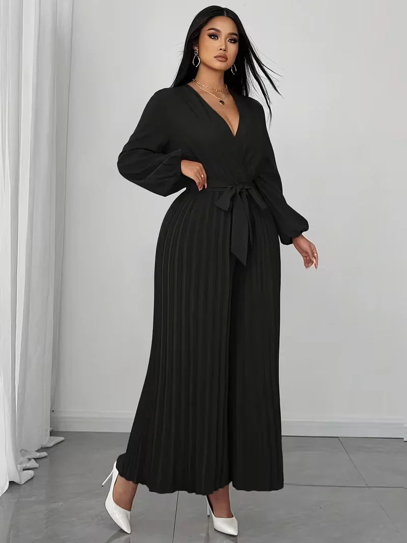 V Neck Belted Wide Leg Jumpsuit for Women — Plus Size Long Sleeve Pleated Palazzo Jumpsuit