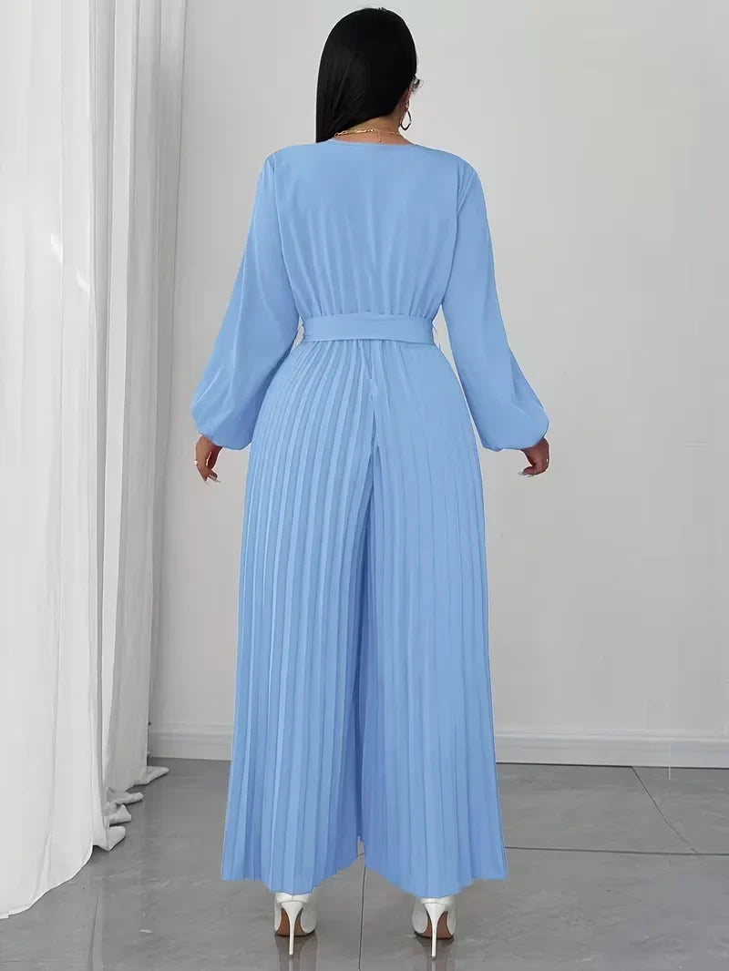 V Neck Belted Wide Leg Jumpsuit for Women — Plus Size Long Sleeve Pleated Palazzo Jumpsuit