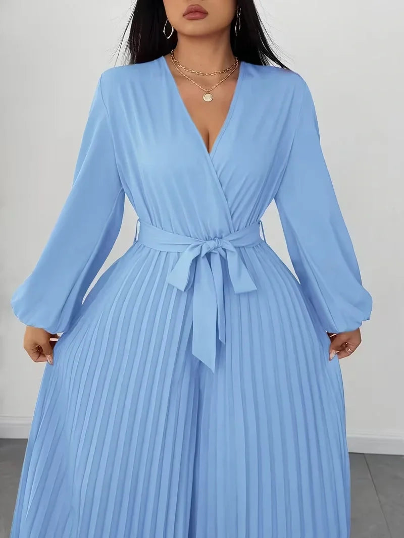 V Neck Belted Wide Leg Jumpsuit for Women — Plus Size Long Sleeve Pleated Palazzo Jumpsuit